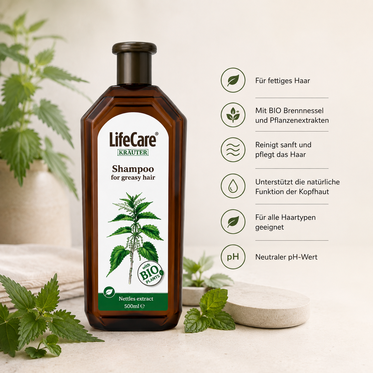 Life Care® Shampoo mit BIO-Brennnessel 500 ml – für fettiges Haar