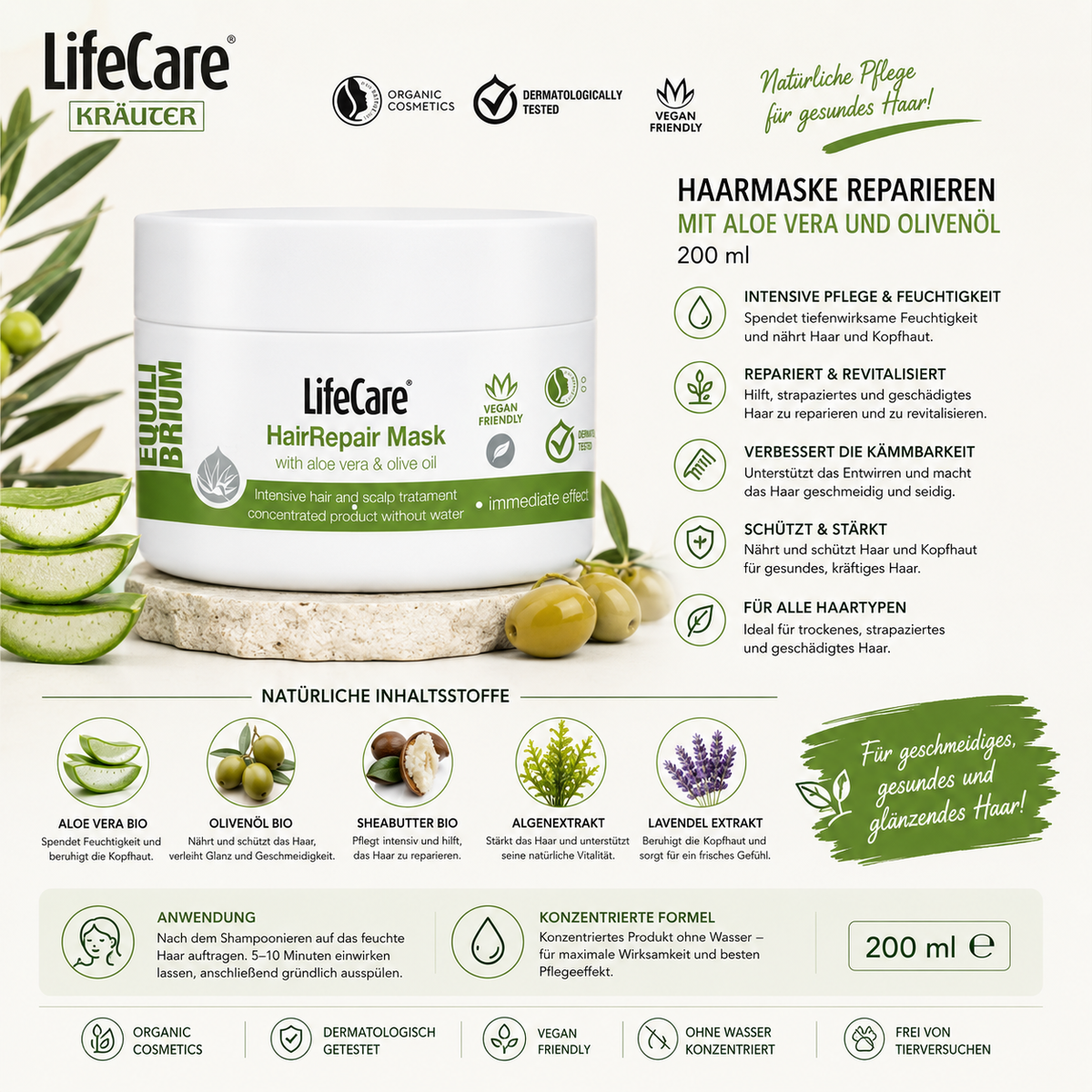Haarmaske mit Aloe Vera und BIO-Olivenöl, EQUILIBRIUM, 200 ml, Life Care®