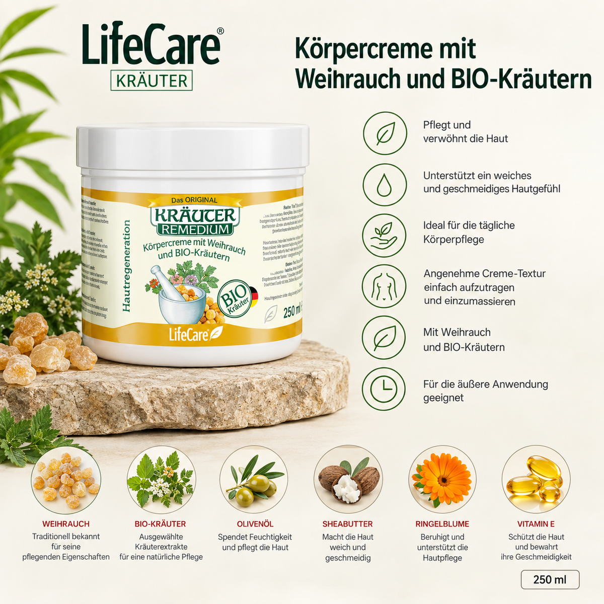 Körpercreme mit Weihrauch und BIO-Kräutern, 250 ml, Life Care®
