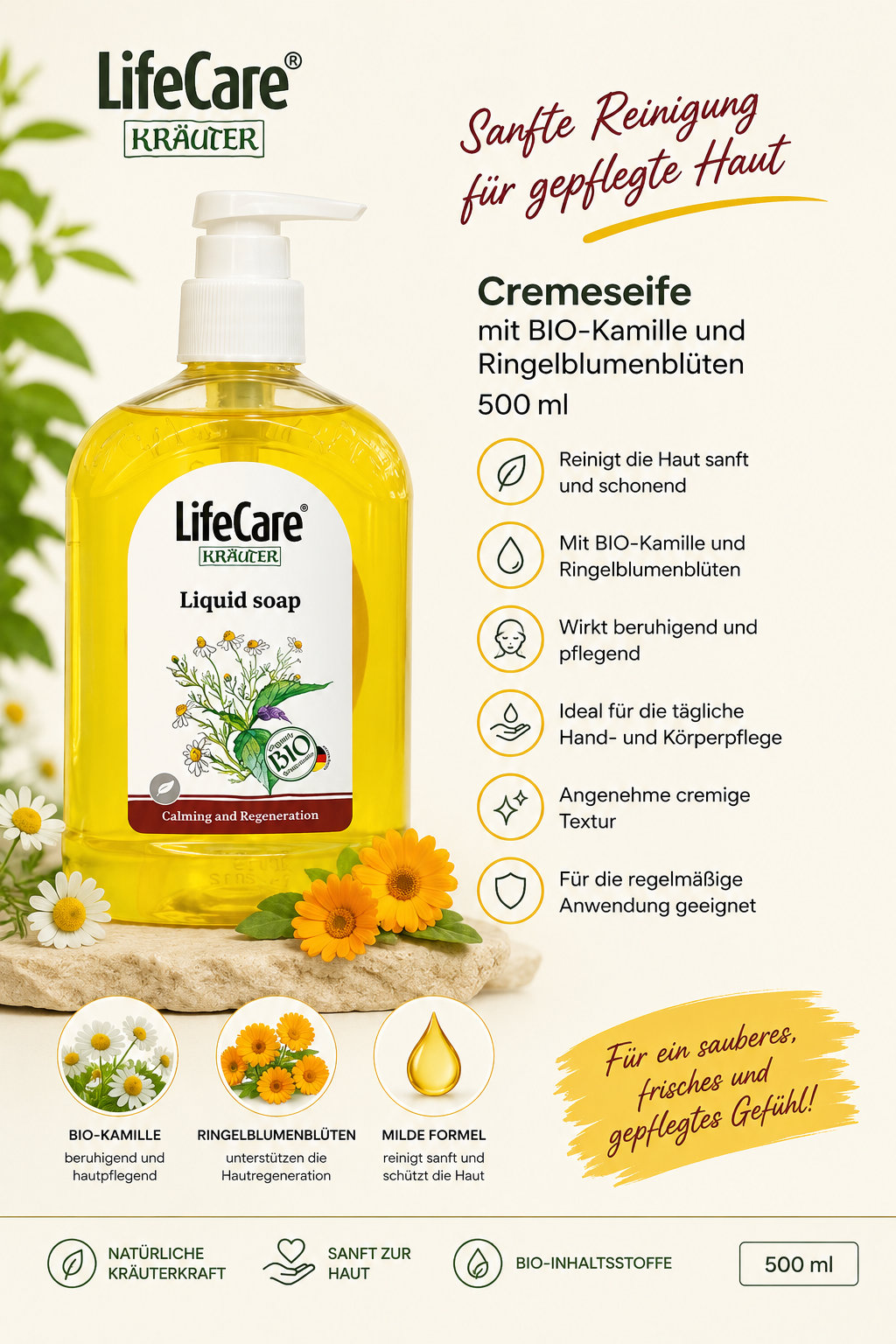 Cremeseife, mit BIO Kamillen und ingelblumenblüten, Life Care®, 500ml