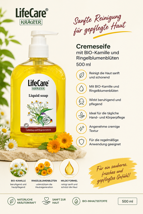 Cremeseife, mit BIO Kamillen und ingelblumenblüten, Life Care®, 500ml